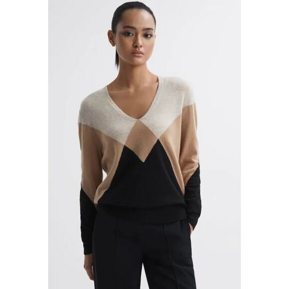 REISS Sweater S Cashmere Wool Argyle Brown Beige V-Neck Long-Slv Cozy Soft - Picture 1 of 11